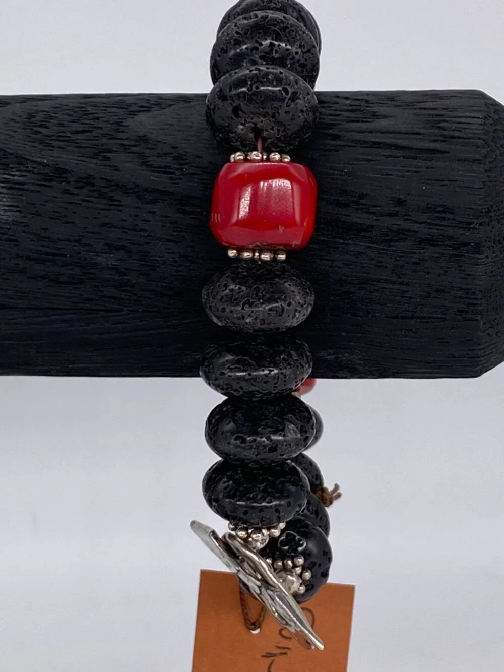 Carol Bradley Bracelet Black Lava Rock Red Coral Sterling Silver 925 Clasp